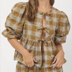 NEEDII Plaid Peplum Puffy Tie Top Olive Green
